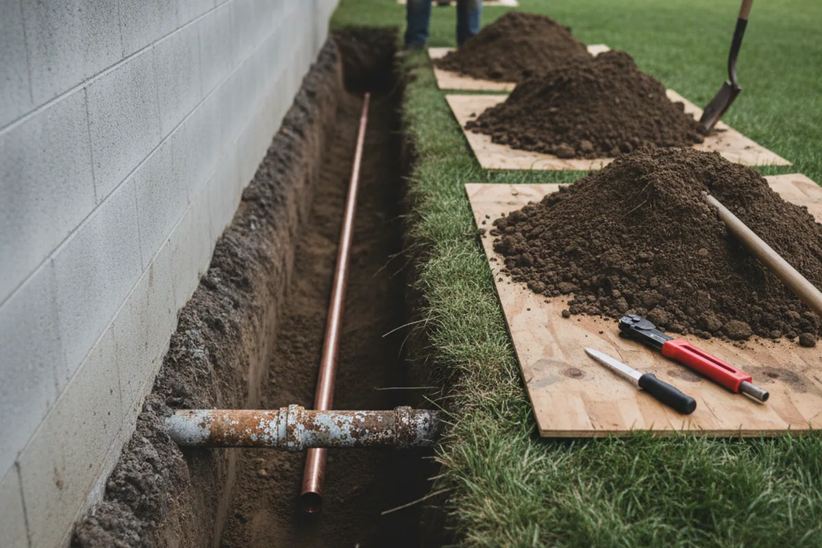 Excavated water line trench during Water Softener Installation in Wyano